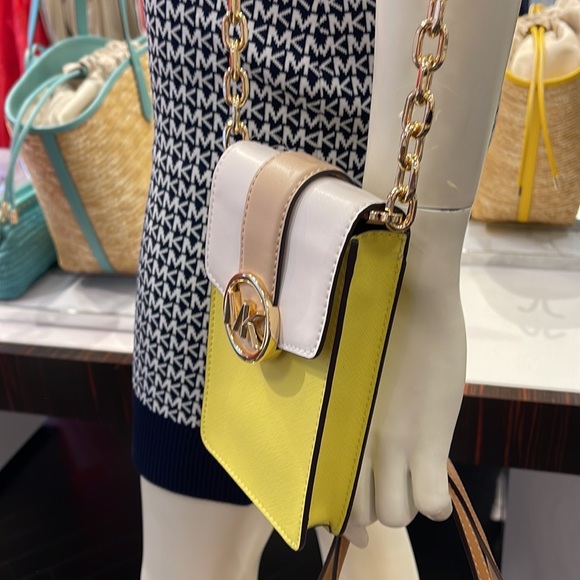 Michael Kors Carmen Small Color-Block Faux Leather Phone Crossbody Bag Sunshn - Picture 5 of 16